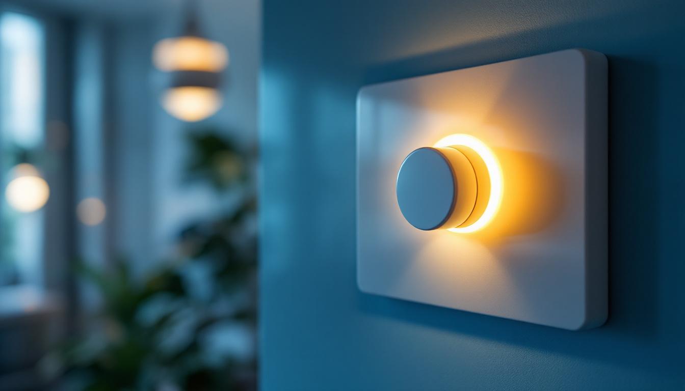 A photograph of a close-up shot of a dimmer wall switch in a modern interior setting