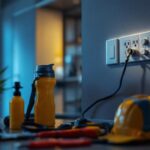 A photograph of a lighting contractor inspecting a power outlet switch in a well-lit residential setting