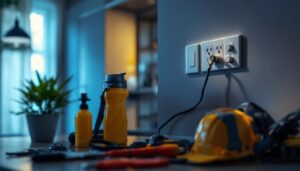 A photograph of a lighting contractor inspecting a power outlet switch in a well-lit residential setting