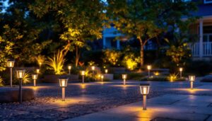 A photograph of a beautifully illuminated outdoor space featuring high-quality solar lights in various settings