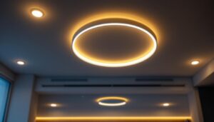 A photograph of a modern ceiling with stylish led light fixtures installed