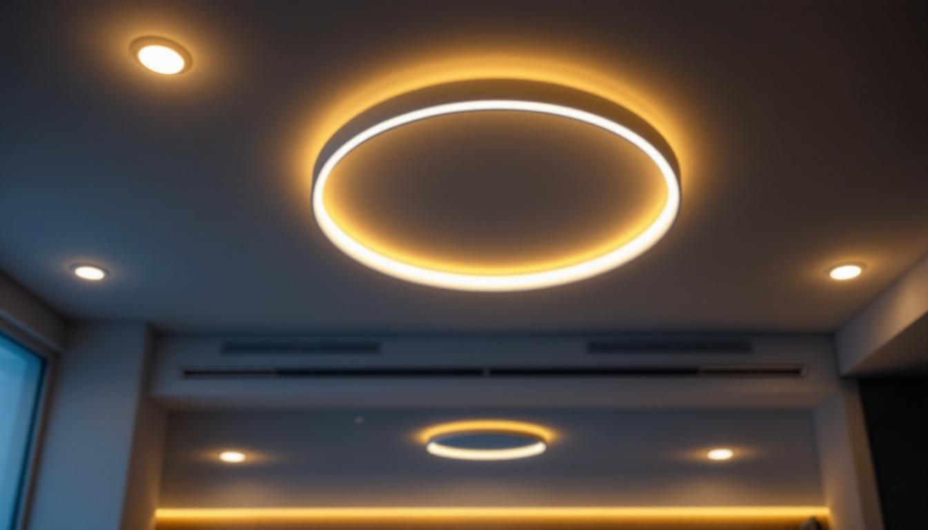 A photograph of a modern ceiling with stylish led light fixtures installed