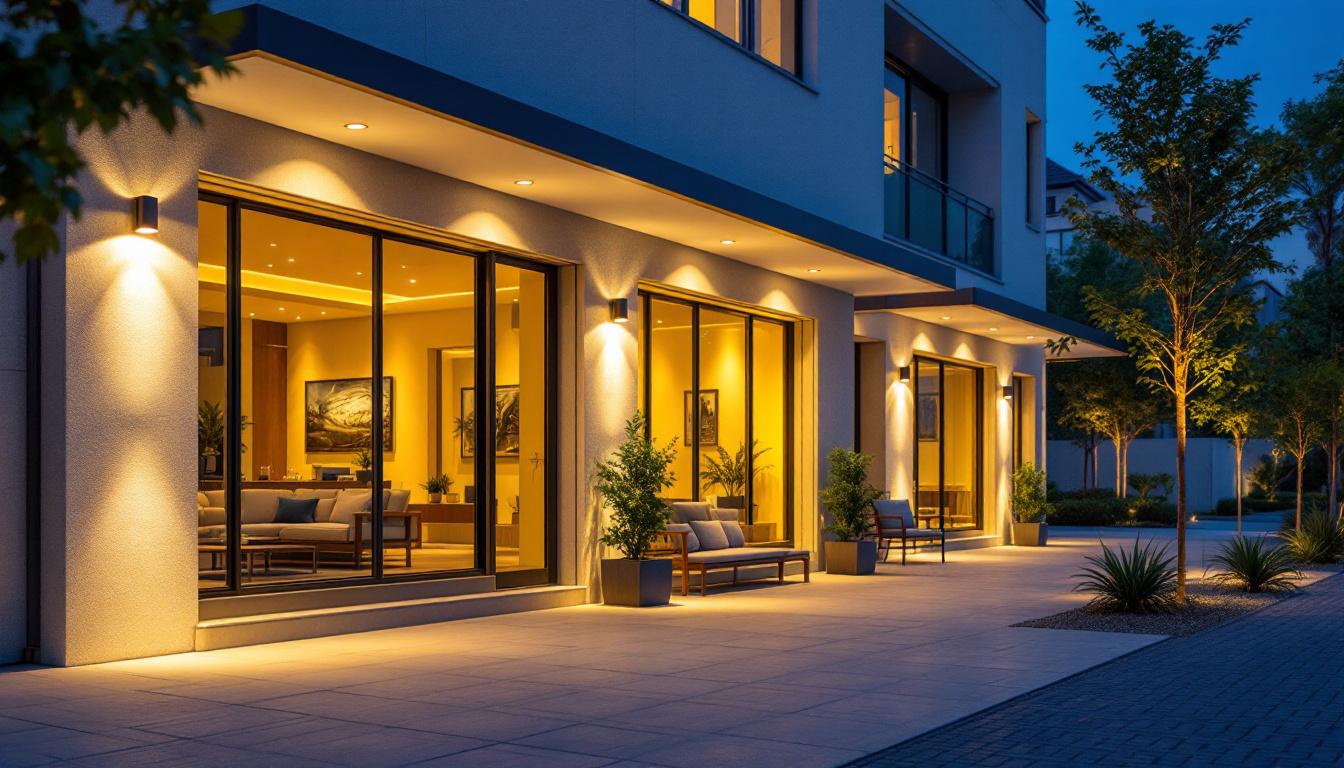 A photograph of a well-lit exterior commercial space showcasing various types of exterior lighting installations