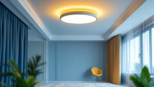 A photograph of a beautifully designed flush mount ceiling light in an elegantly styled room