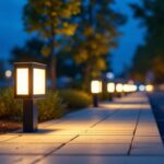 A photograph of a well-lit outdoor area featuring square led lights installed along a pathway or in a parking lot
