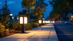 A photograph of a well-lit outdoor area featuring square led lights installed along a pathway or in a parking lot