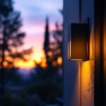 A photograph of a stylish and modern outside door light fixture illuminating a welcoming entrance