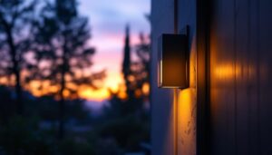 A photograph of a stylish and modern outside door light fixture illuminating a welcoming entrance