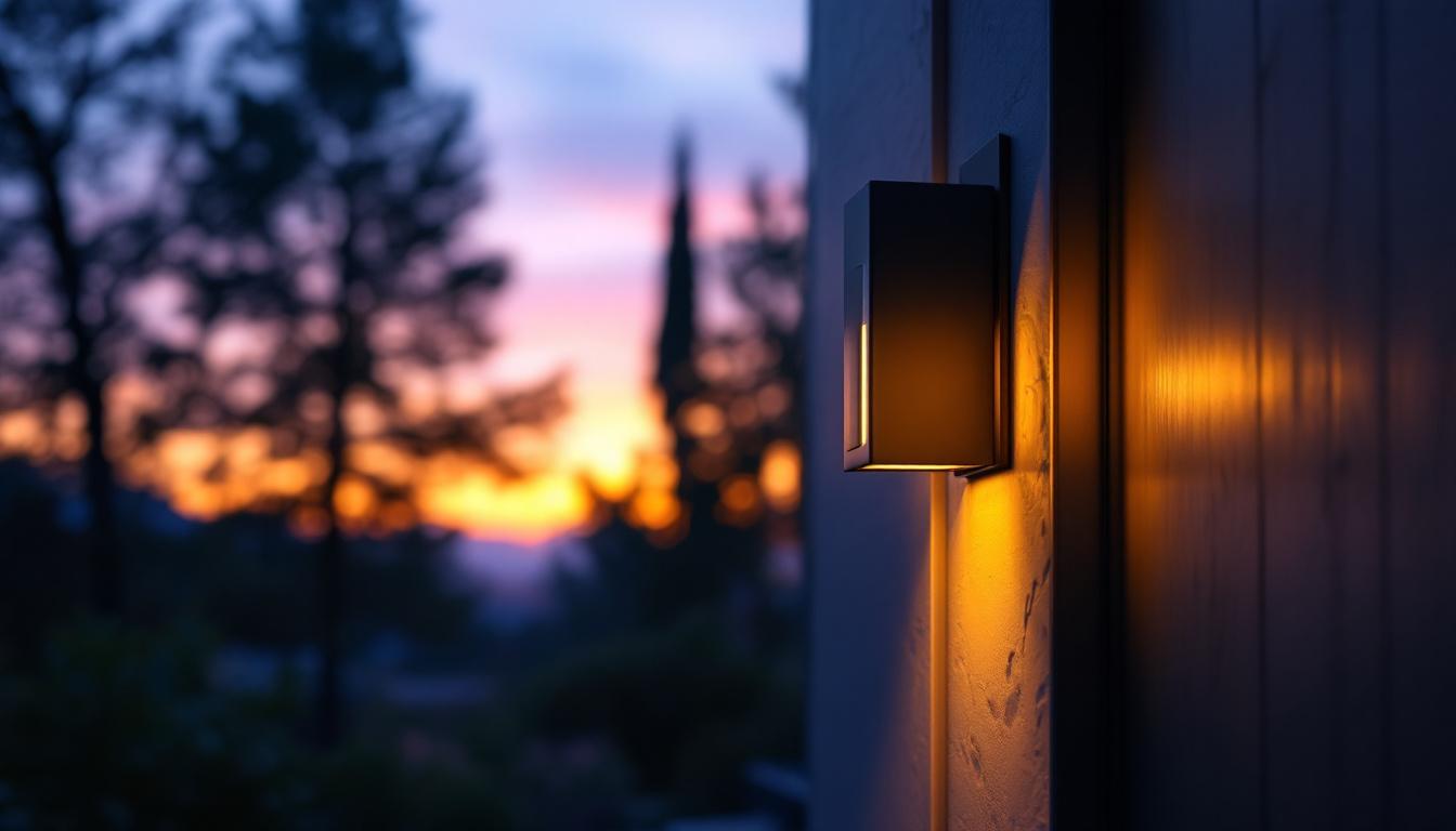 A photograph of a stylish and modern outside door light fixture illuminating a welcoming entrance