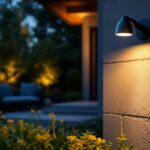 A photograph of a sleek black gooseneck outdoor light installed in a beautifully landscaped setting