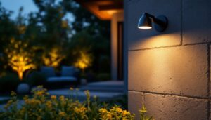 A photograph of a sleek black gooseneck outdoor light installed in a beautifully landscaped setting