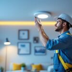 A photograph of a skilled lighting contractor installing led recessed lights in a modern living space