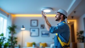 A photograph of a skilled lighting contractor installing led recessed lights in a modern living space
