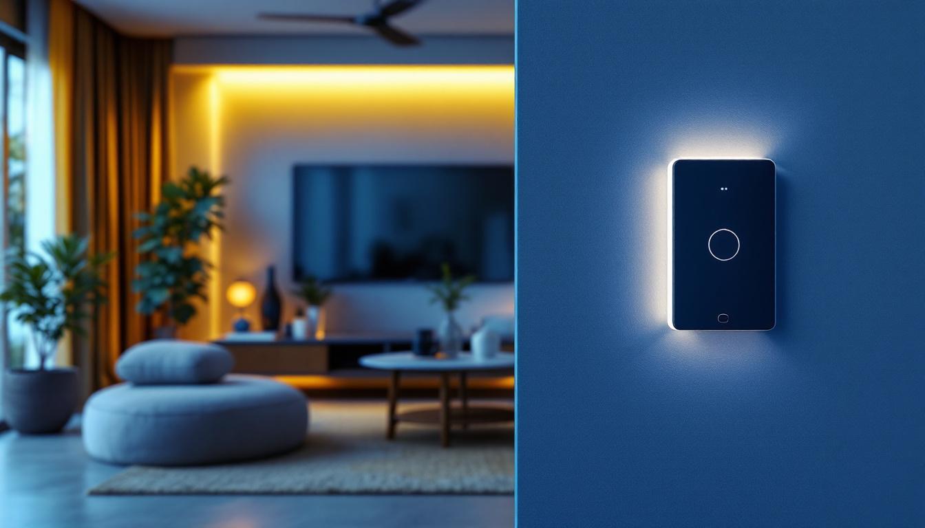 A photograph of a stylishly designed living room featuring a modern led dimmer switch with a remote control