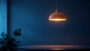 A photograph of a stylish round pendant lamp elegantly illuminated in a modern interior setting