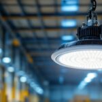 A photograph of a high bay ufo led light fixture installed in a large industrial or commercial space