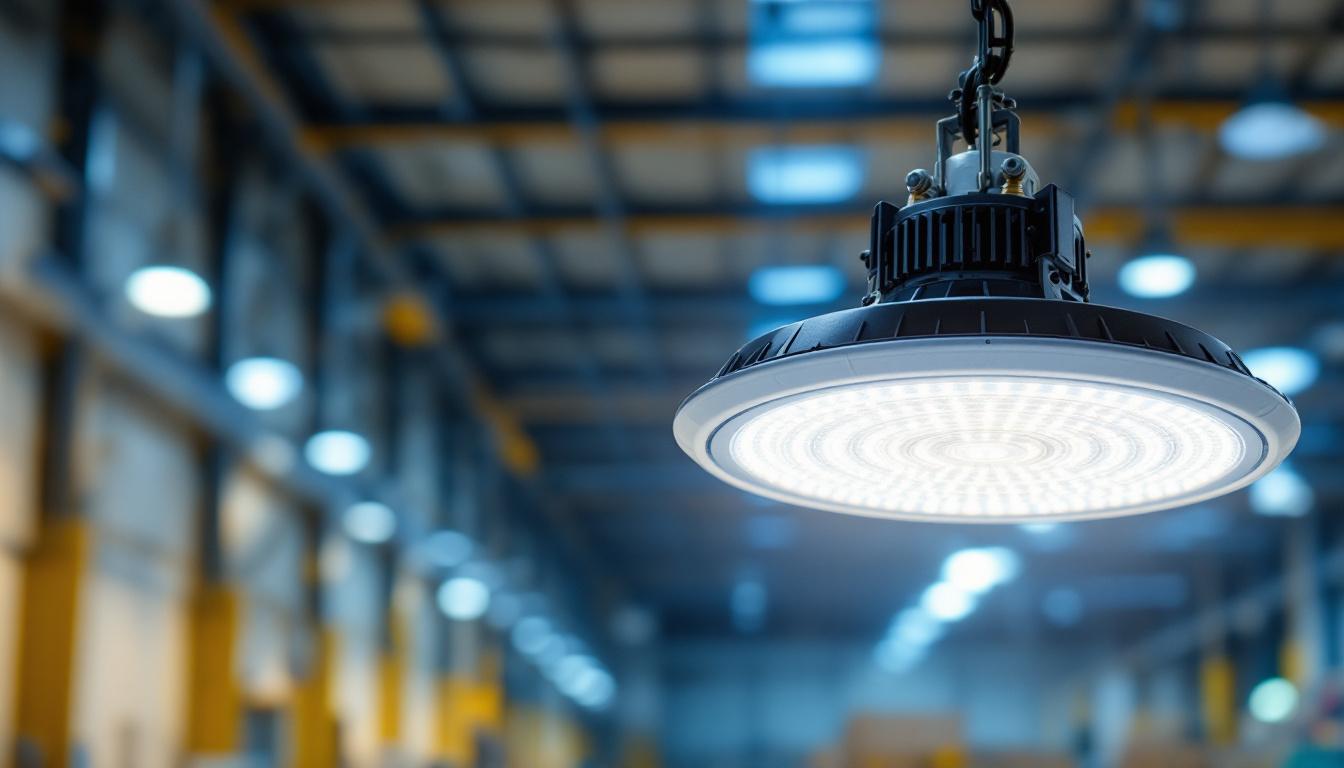 A photograph of a high bay ufo led light fixture installed in a large industrial or commercial space
