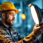 A photograph of a skilled lighting contractor working with a balis lighting fixture in a well-lit environment