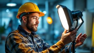 A photograph of a skilled lighting contractor working with a balis lighting fixture in a well-lit environment