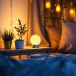 A photograph of a cozy indoor setting featuring a solar-powered night light illuminating a stylish corner