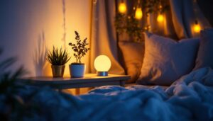 A photograph of a cozy indoor setting featuring a solar-powered night light illuminating a stylish corner