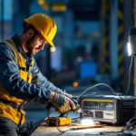 A photograph of a lighting contractor in action