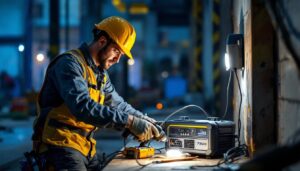 A photograph of a lighting contractor in action