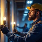 A photograph of a lighting contractor inspecting a well-lit space featuring bullet led lights