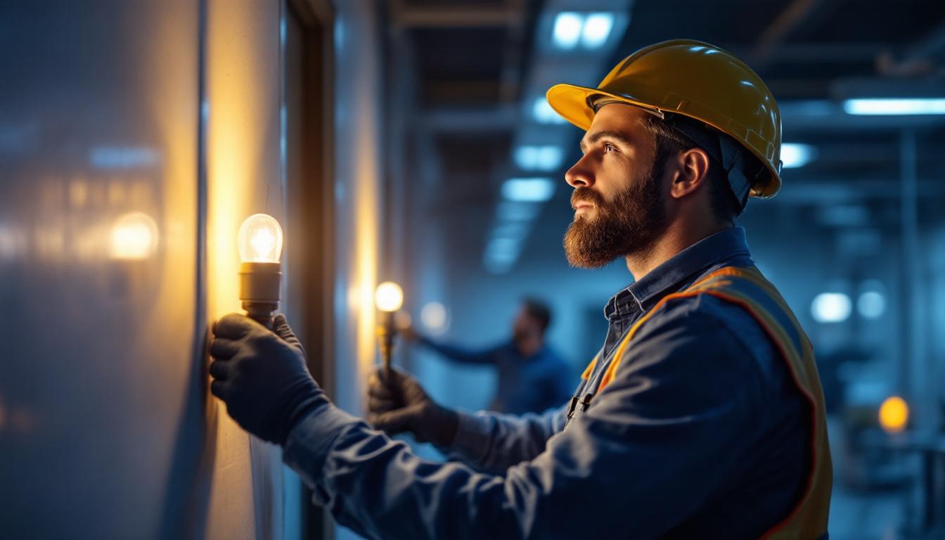 A photograph of a lighting contractor inspecting a well-lit space featuring bullet led lights