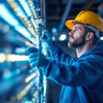 A photograph of a skilled lighting contractor installing led lights in an industrial setting