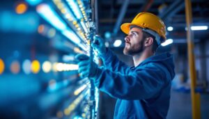 A photograph of a skilled lighting contractor installing led lights in an industrial setting