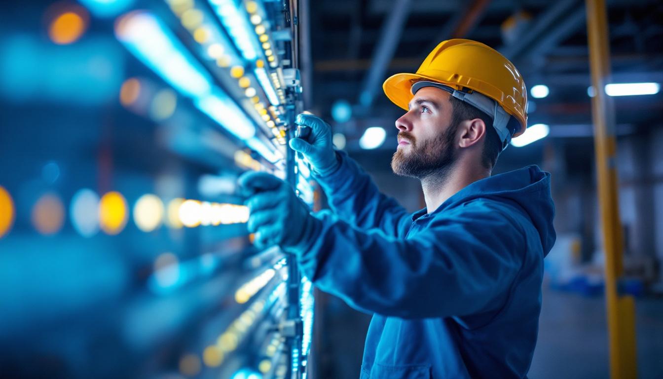 A photograph of a skilled lighting contractor installing led lights in an industrial setting