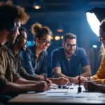 A photograph of a diverse group of team members engaged in a hands-on lighting training session