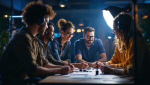 A photograph of a diverse group of team members engaged in a hands-on lighting training session