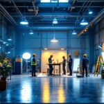 A photograph of a well-lit industrial workspace featuring a team of lighting contractors collaborating on a project