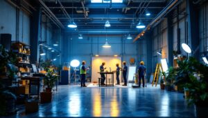 A photograph of a well-lit industrial workspace featuring a team of lighting contractors collaborating on a project