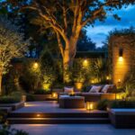 A photograph of a beautifully designed outdoor lighting setup that showcases various elegant fixtures illuminating a garden or patio space at dusk