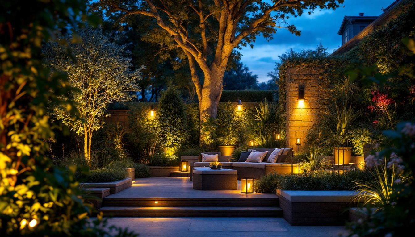A photograph of a beautifully designed outdoor lighting setup that showcases various elegant fixtures illuminating a garden or patio space at dusk