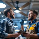 A photograph of a lighting contractor examining a stylish ceiling fan in a well-lit showroom