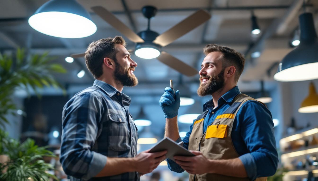 A photograph of a lighting contractor examining a stylish ceiling fan in a well-lit showroom