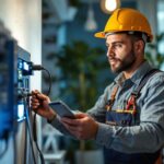 A photograph of a skilled lighting contractor installing a backup inverter in a home setting