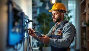 A photograph of a skilled lighting contractor installing a backup inverter in a home setting