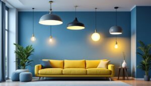 A photograph of a well-lit room featuring a variety of stylish and affordable ceiling light fixtures
