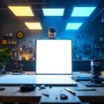 A photograph of a well-lit workspace featuring a contractor installing or inspecting 2x4 led flat panel lights