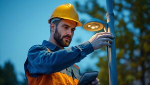 A photograph of a lighting contractor installing or adjusting a lamp post sensor in an outdoor setting