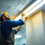 A photograph of a lighting contractor installing t5 led replacement bulbs in a commercial space