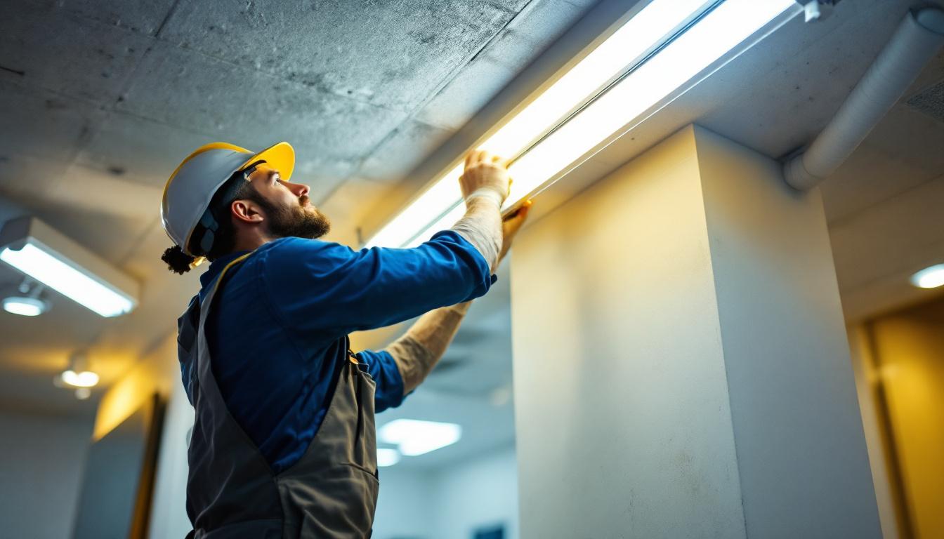 A photograph of a lighting contractor installing t5 led replacement bulbs in a commercial space