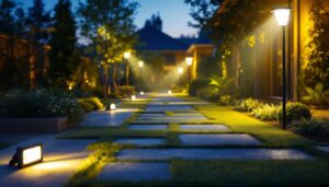 A photograph of a well-lit outdoor space showcasing various led flood lights in use