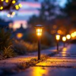 A photograph of a well-lit outdoor scene featuring a solar power light strip elegantly illuminating a pathway or garden area at dusk
