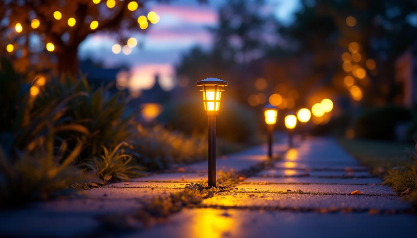 A photograph of a well-lit outdoor scene featuring a solar power light strip elegantly illuminating a pathway or garden area at dusk
